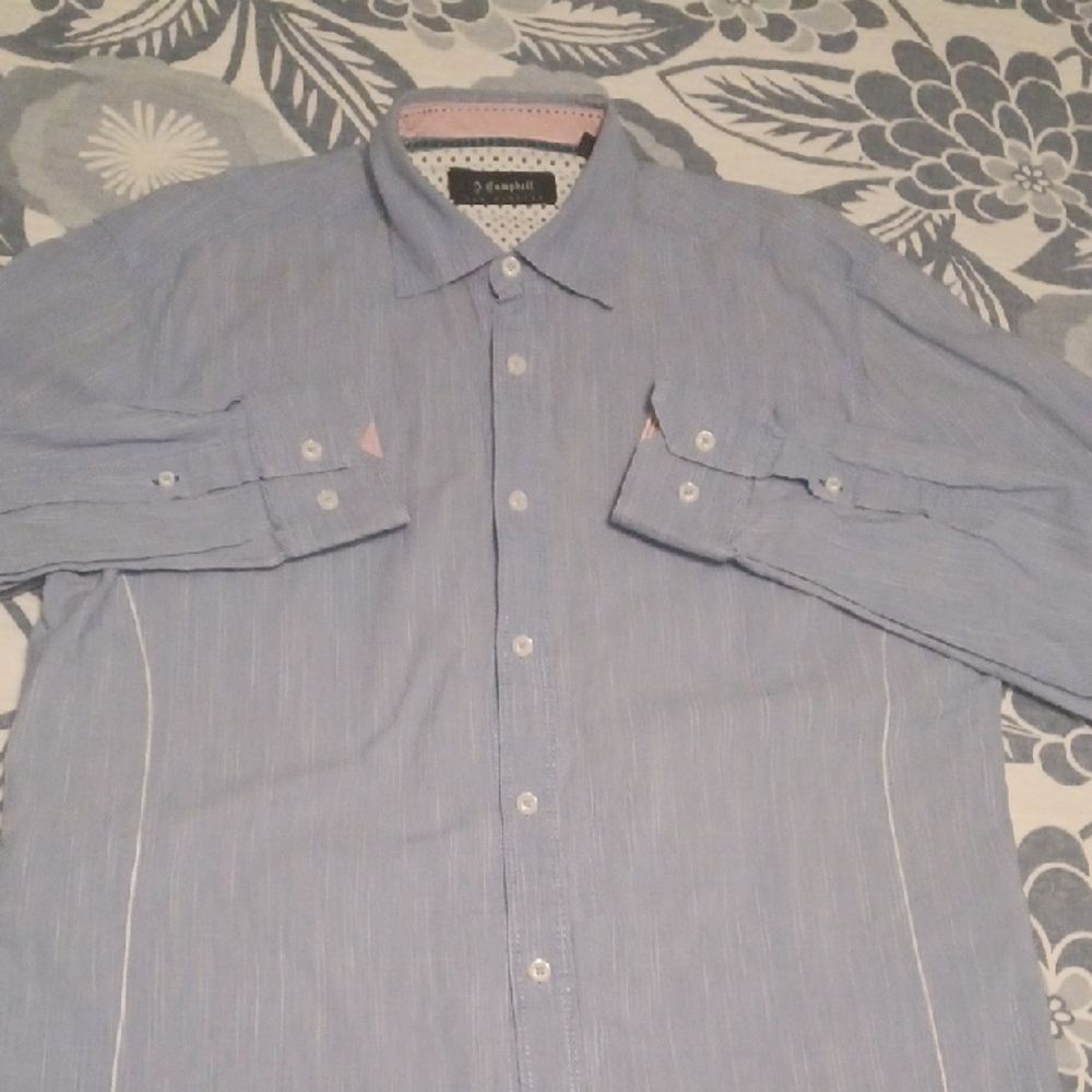 James Campbell Mens Blue Button Down Shirt Size Large Cotton Detailed Sides Bold